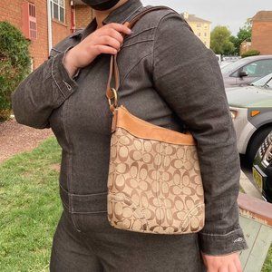 Beige Leather and Canvas Signature Coach Bag
